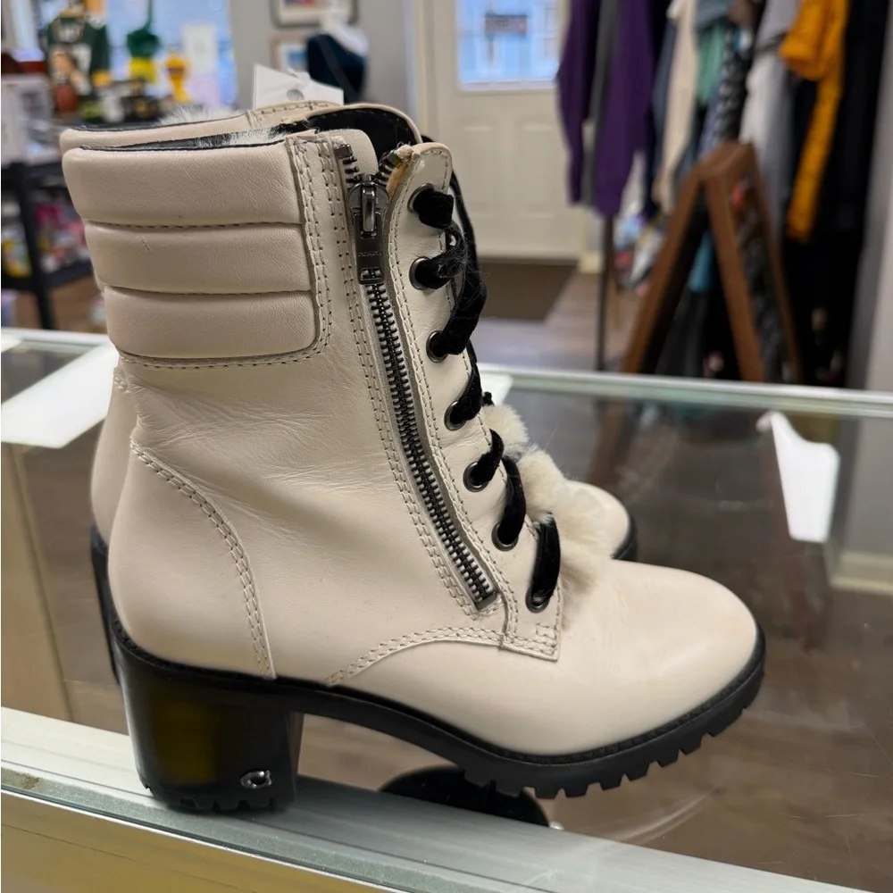 Coach Ivory Lace-Up Boots with Black Accents
